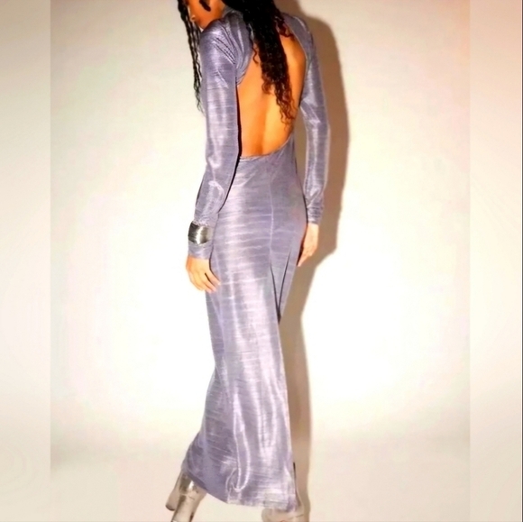 Free People Mila Silver Metallic Textured Open Back Mock Turtleneck Maxi Sz:L - Picture 12 of 13